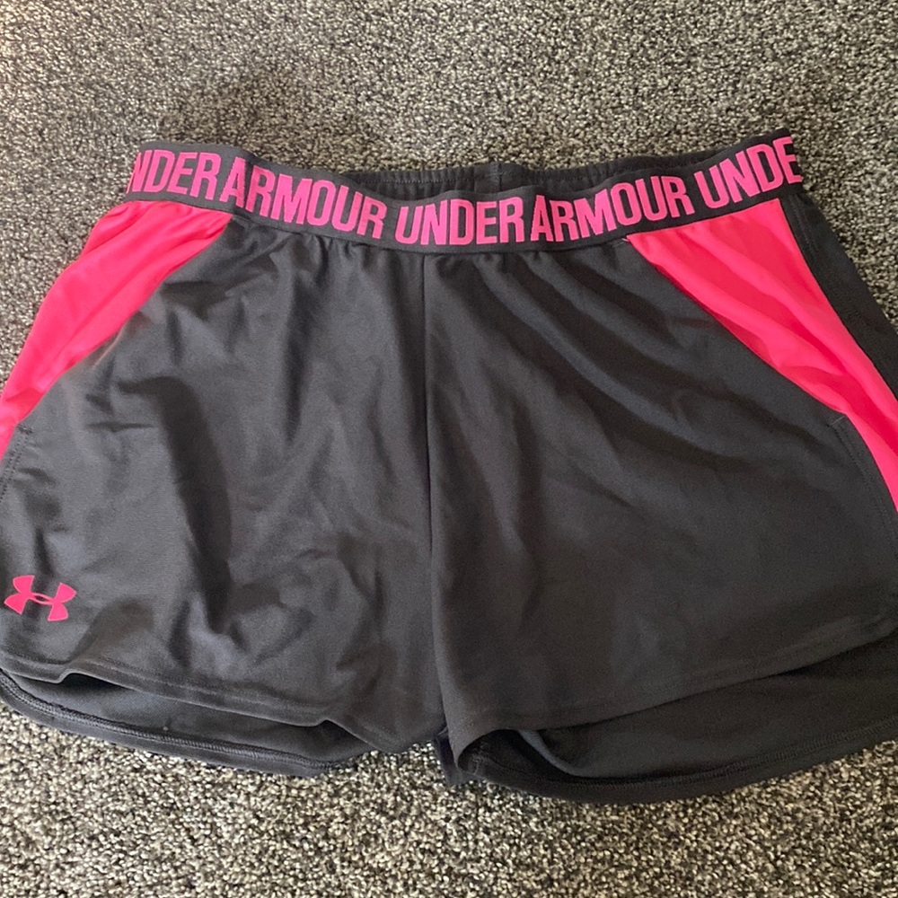 Gray and pink under armour shorts, size large